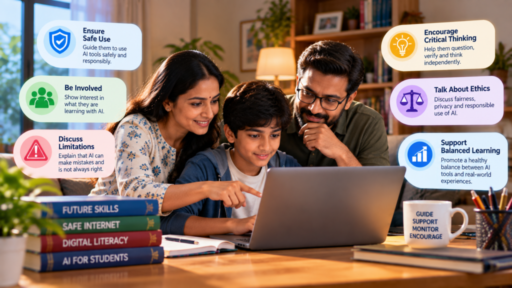 Indian parents guiding their school child on safe and responsible AI use
