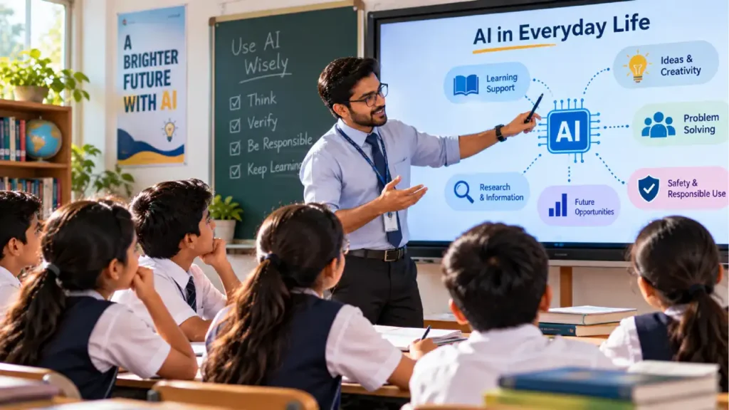 Indian male teacher explaining artificial intelligence to school students in a classroom