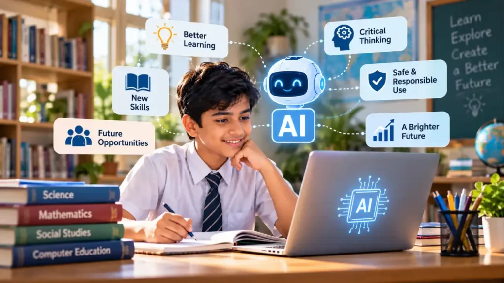 Indian school student learning with artificial intelligence technology (AI literacy for students)