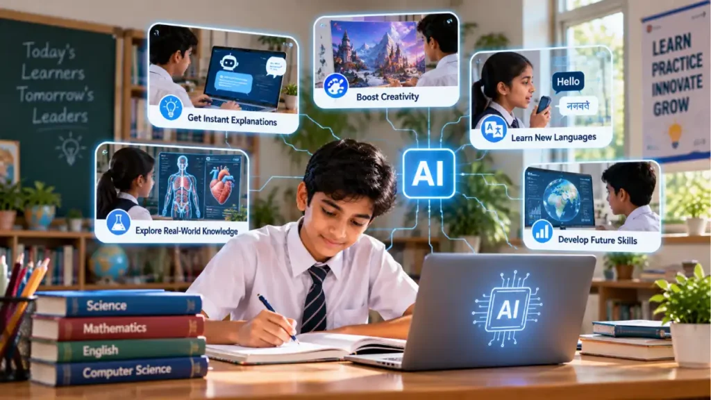 Indian school student using AI for learning creativity language and future skills