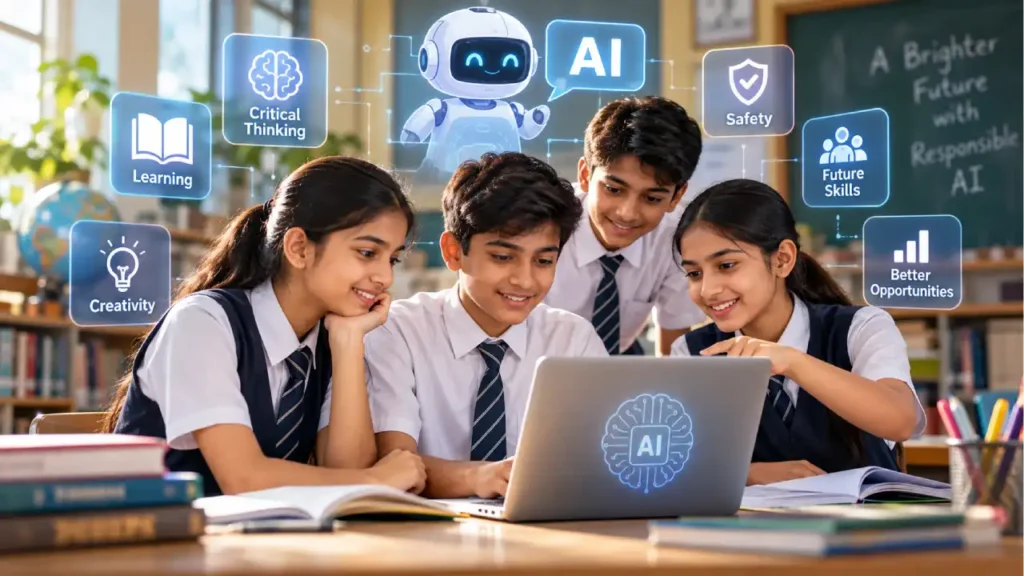 Indian school students learning about artificial intelligence and AI literacy in a classroom